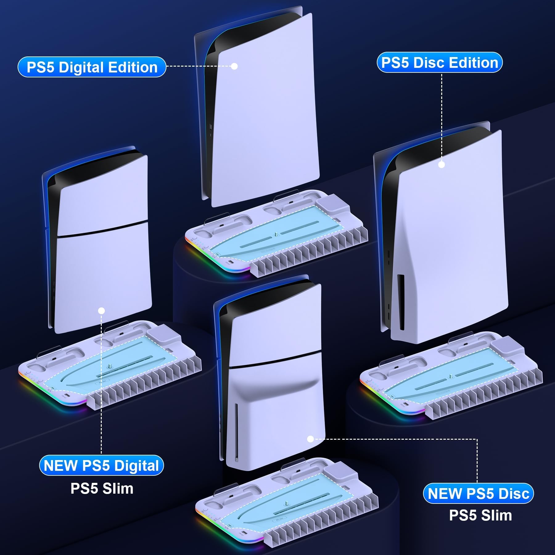 DINOSTRIKE PS5 Slim Stand and Cooling Station for Playstation 5 Slim Disc Digital Consoles,RGB PS5 Controller Charger with Cooling Fan, PS5 Cooling Base PS5 Stand Vertical Headset Holder 15 Game Slots