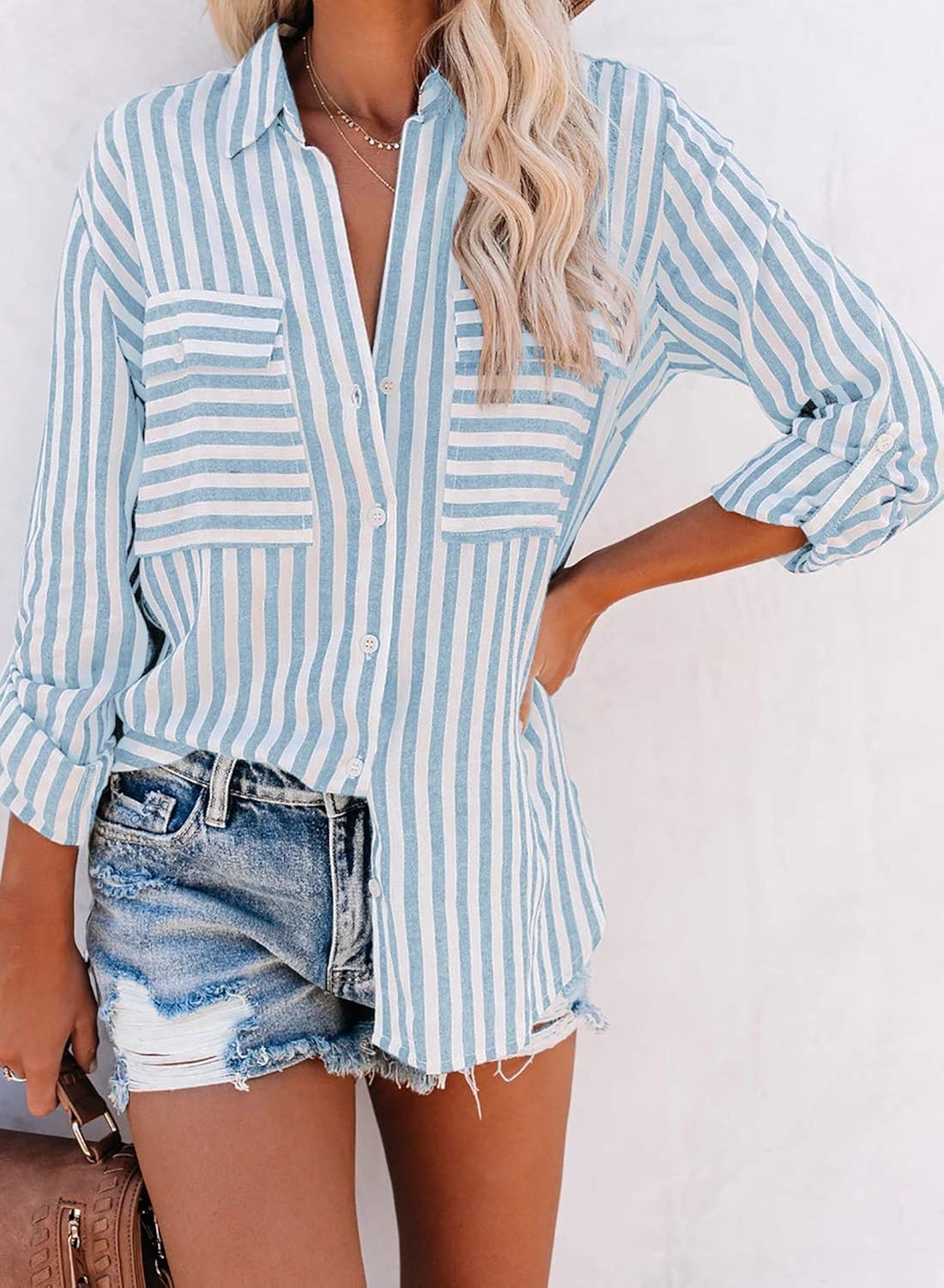 Happy Sailed Womens Casual Striped Button Down V Neck Shirt Stand Collar Long Sleeve Blouse Shirt S-2XL at  Women’s Clothing store