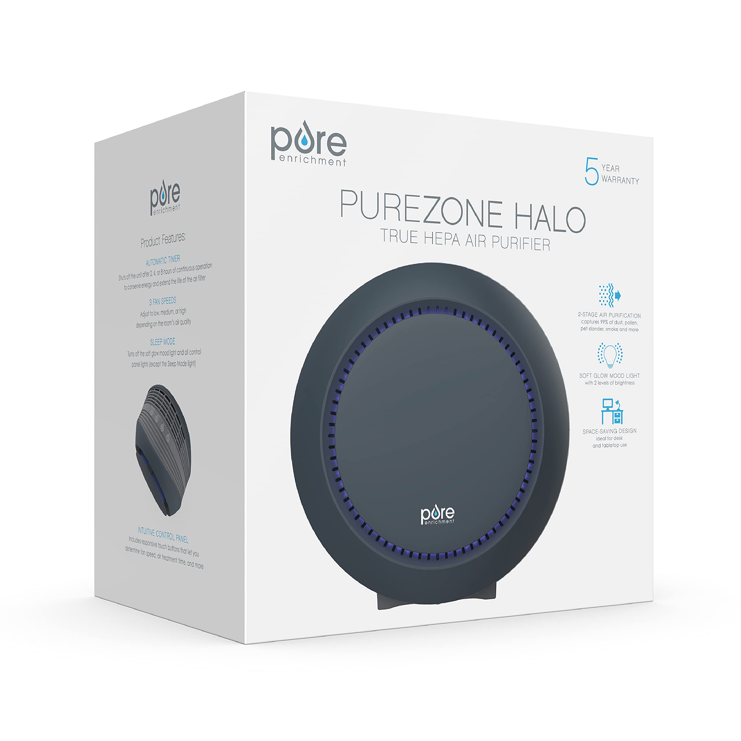 Pure Enrichment PureZone Halo Medium Room Air Purifier, 2 Stage Filtration, Purifies Air of Smoke, Pollen, Dust, and Pet Hair - Easily Fits on Tables, Desks, and Nightstands (Graphite)