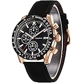 Casotime Men's Leather Band Chronograph Watch - 30M Waterproof Big Face Analog Quartz Date - Work Sport Casual Classical Fashion Designer Dress Wrist Watch - Elegant Gift for Men