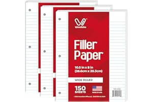 Woodlake Loose Leaf Paper, Wide Ruled Notebook Paper, 8 x 10.5”, 150 Sheets per Pack, 3 Pack Bulk Lined Filler Paper, 3 Hole Punched, 60gsm, Made in USA