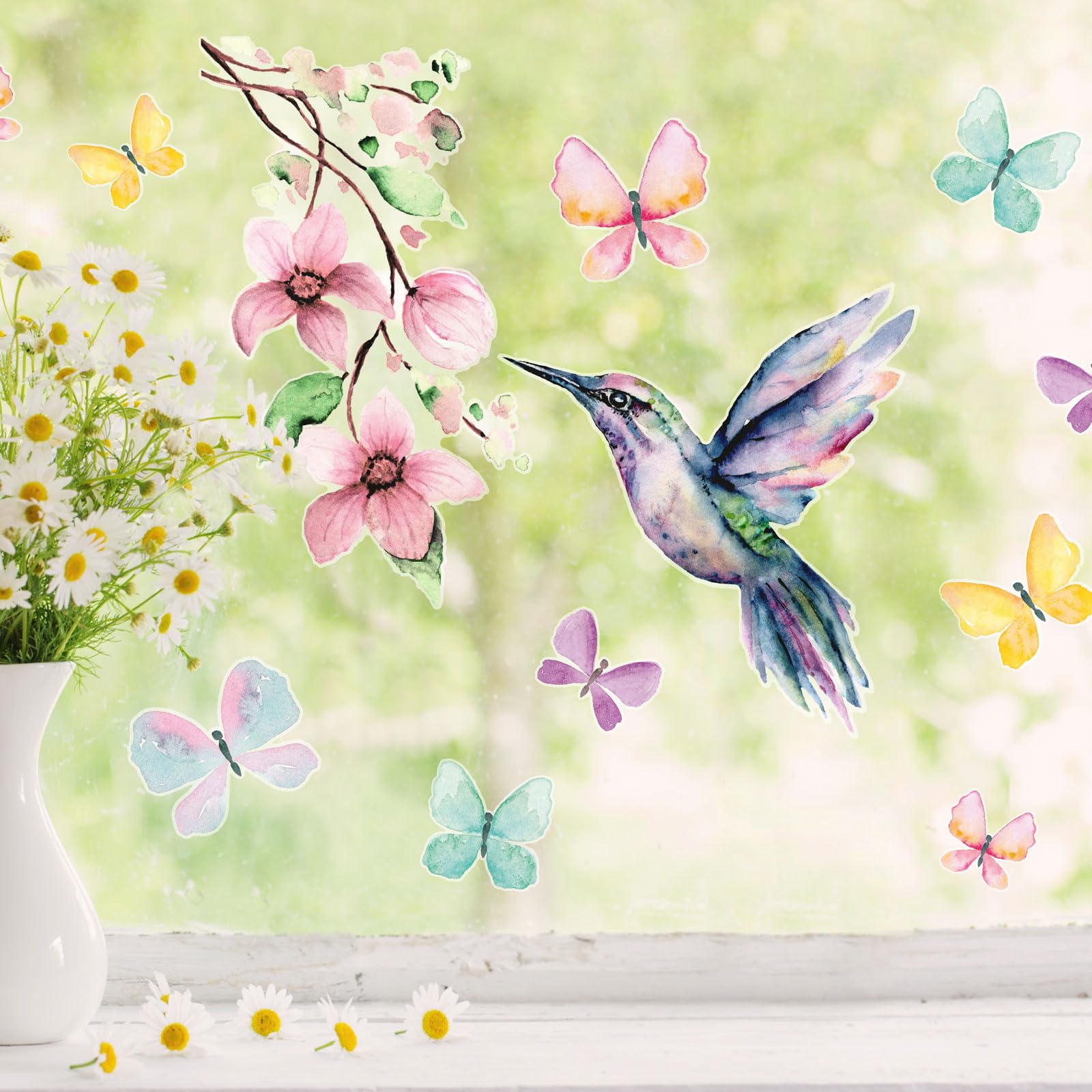 Spring Window Stickers – Hummingbird & Butterflies Window Decals, Reusable Spring Decor, Easy to Apply & Remove