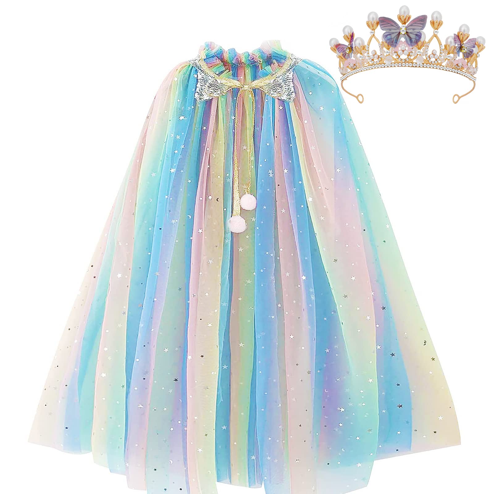 PHOGARY Princess Cape - Colorful Princess Cloak, Sparkling Sequins Tulle Carnival Birthday Party Cosplay Dress with Crown for Girls