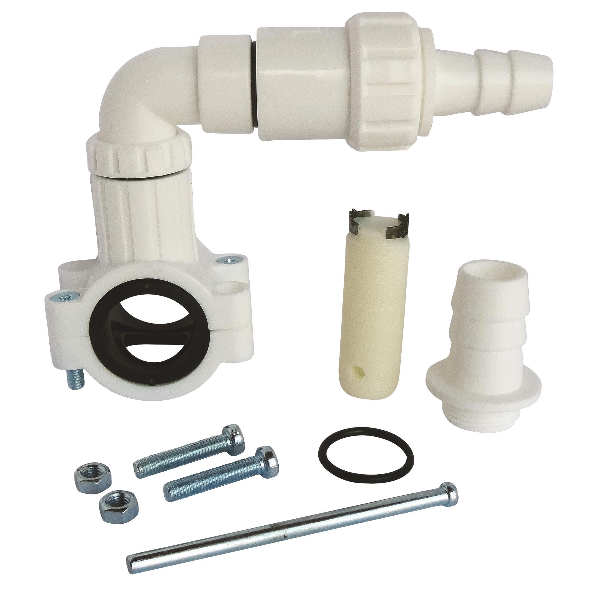 SOMATHERM FOR YOU, Elbow Drain Flange for Washing Machine PVC Drain Pipe Diameter 32-40mm Integrated Seal Easy Installation with Self Drilling Tool Included