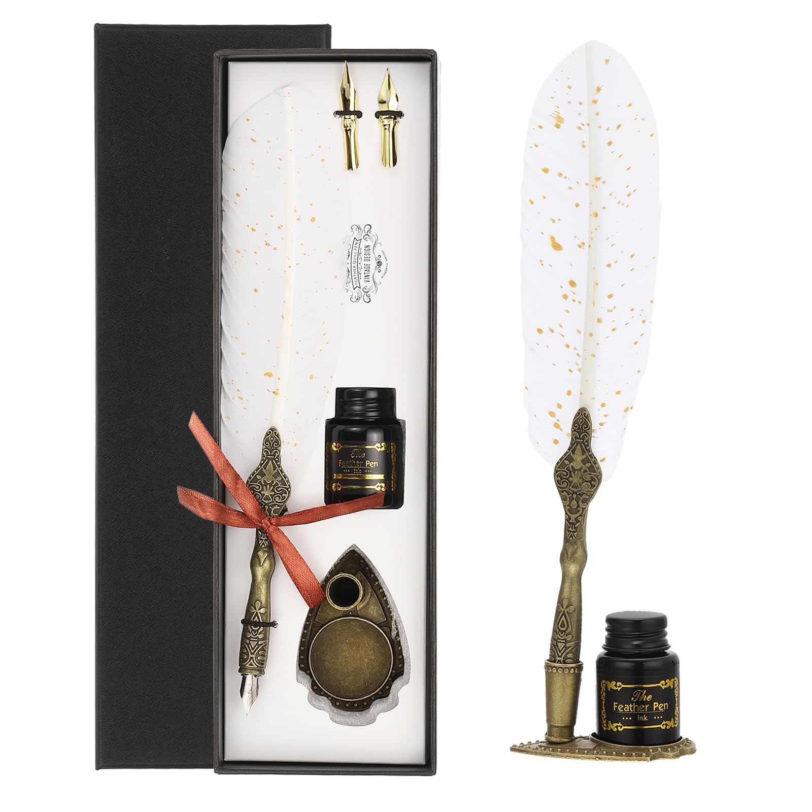 PATIKIL 25cm/10 Carved Feather Pen Set, Vintage Quill Pen with Ink Set 2 Replacement Nibs Stand Base for Calligraphy Writing Dip Pen Office Gifts, White โ image 1