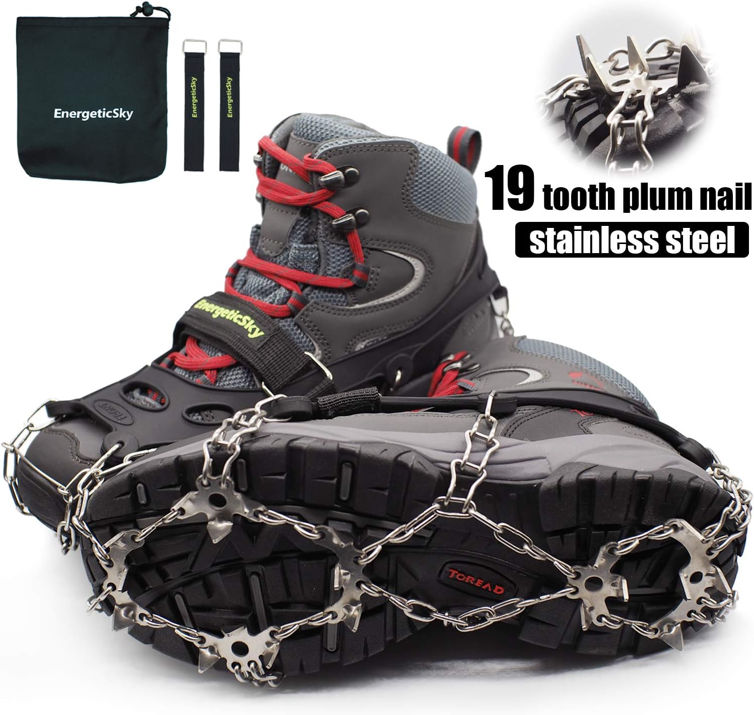 Hapshop Crampons-19 Teeth Stainless Steel Anti Slip Ice Cleats,Micro Spikes ice Snow Grips Traction Cleats System Safe Protect for Walking,Suitable for Walking on ice, Jogging or Hiking