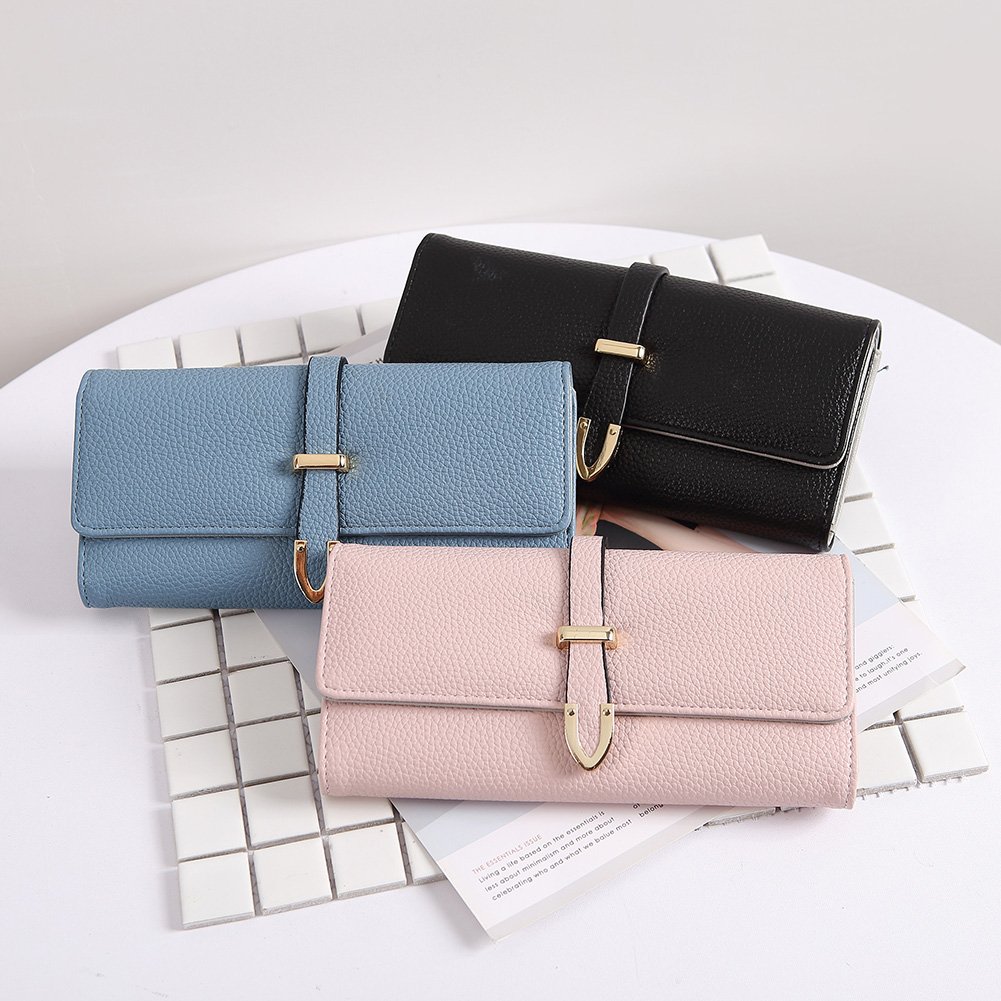 Wallet for Women Leather Large Capacity Trifold Checkbook Card Holder Organizer with Snap Closure Ladies Clutch black