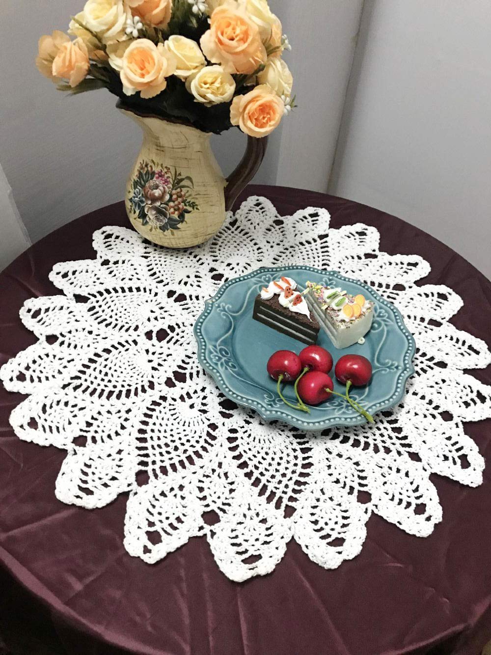 Damanni Handmade Cotton Tablecloth with Lace Beige White 50.8cm Garden 20 inch White