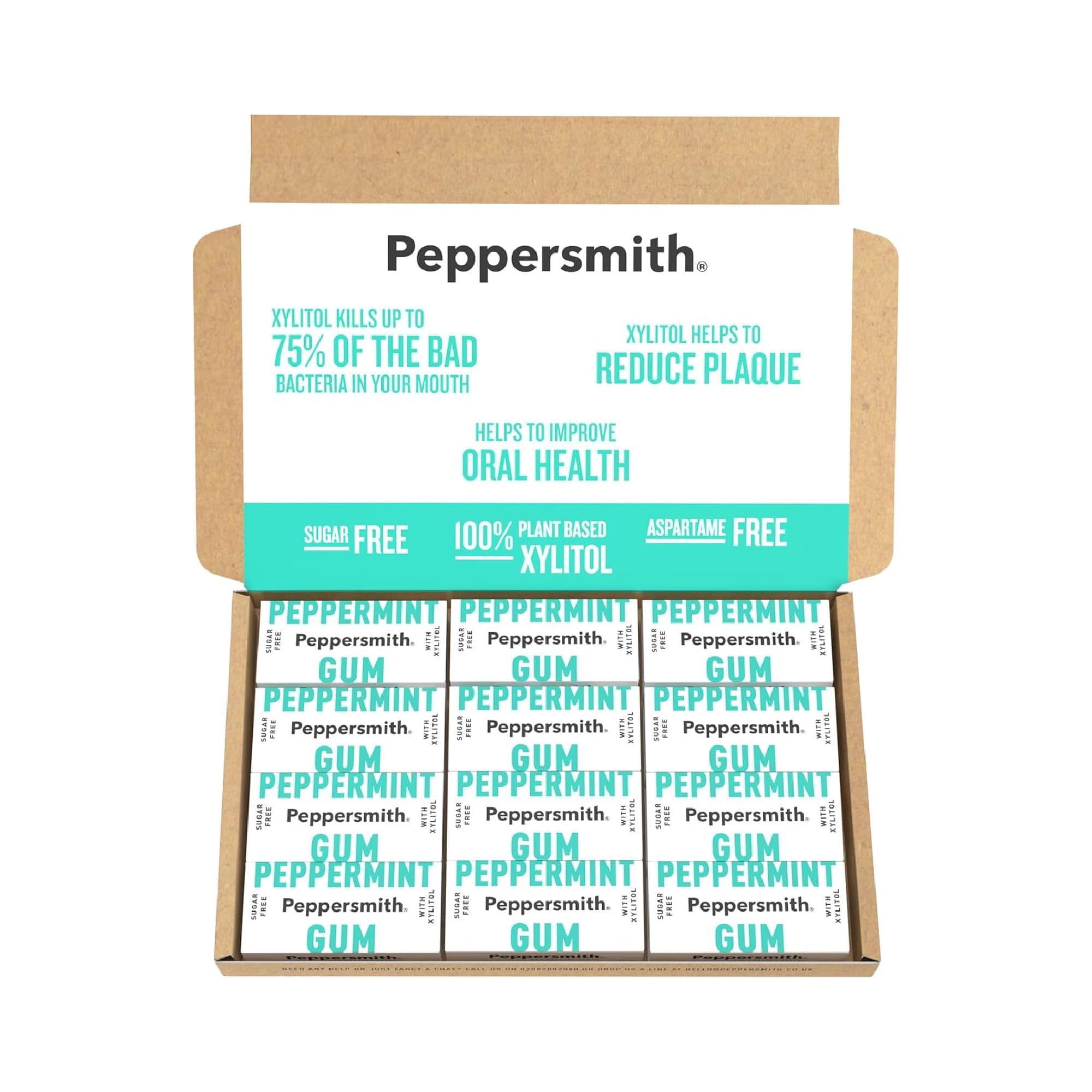 Peppersmith - British Peppermint Chewing Gum - Vegan Friendly - 100% Xylitol Plant Based Sweetener - Fresh Breath - Sugar Free Gum - Benefits Oral Health - Pocket Packs - 12x15g