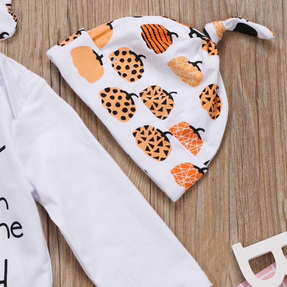 4Pcs Cute Infant Baby Girl Boy Halloween Thanksgiving Clothes Pumpkin Romper with Hat and Long Pants Outfits Set: Clothing