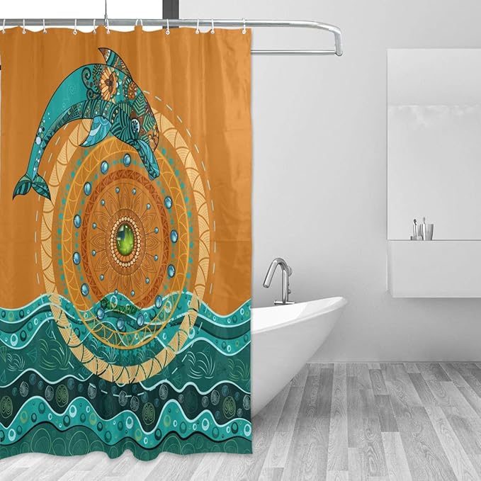 SenNSEE - Cortina de ducha con ganchos, diseño abstracto de mandala