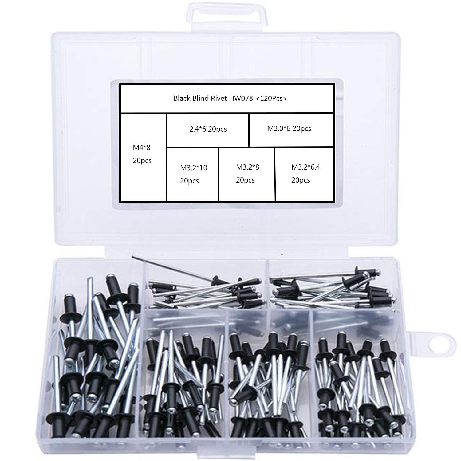 Juliyeh 120PCS Aluminum Blind Rivets Kit, 6 Sizes Pop Blind Rivets Assortment, Black Flange Rivets with Label and Storage Box, for Furniture, Metal, DIY, Ships, Airplanes, Car, Sheet Mounting