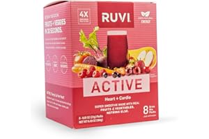 Ruvi Active Tart Berry Flavor Fruit & Veggie 30-Second Smoothie. For Heart + Cardio. Freeze Dried Powder Mix with Nothing Added. Pack of 8.