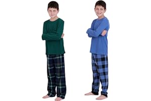 US Angels Pajamas Set for Boys, 4-Piece, Thermal Long Sleeve Shirt, Plaid Microfleece Pajama Pants
