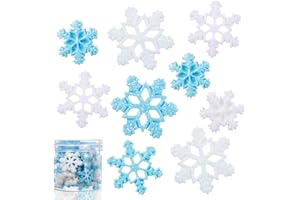 WILLBOND 50 Pcs Mini Snowflake for Craft Tiny Resin Snowflake Christmas Decoration Little Plastic Snow Embellishment with Storage Box for Christmas Winter Party Decor DIY, 3 Size (Blue,White)