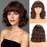 MISSQUEEN Brown Wavy Wigs With Bangs Curly Short Bob Wigs for Women for Heat Resistant Fiber Synthetic Colorful Wig for Daily Party Cosplay Chrismas Halloween Used