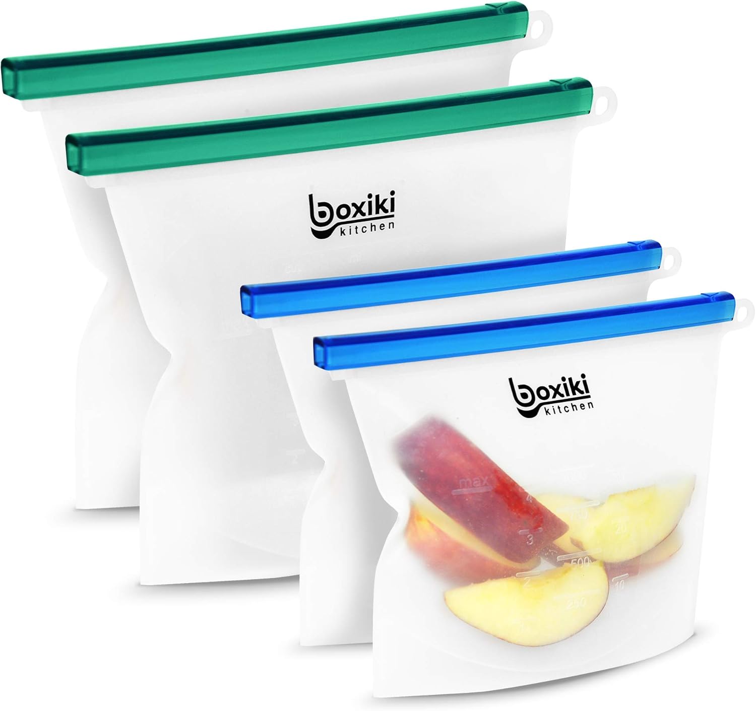Boxiki Kitchen Reusable Silicone Food Containers – 4 Pack Food Storage Bags, Silicone LeakProof Reusable Bags & Eco-Friendly Freezer for Sous Vide, Fruits, Meat & Meal Prep. (2x1500 ml & 2x1000 ml)