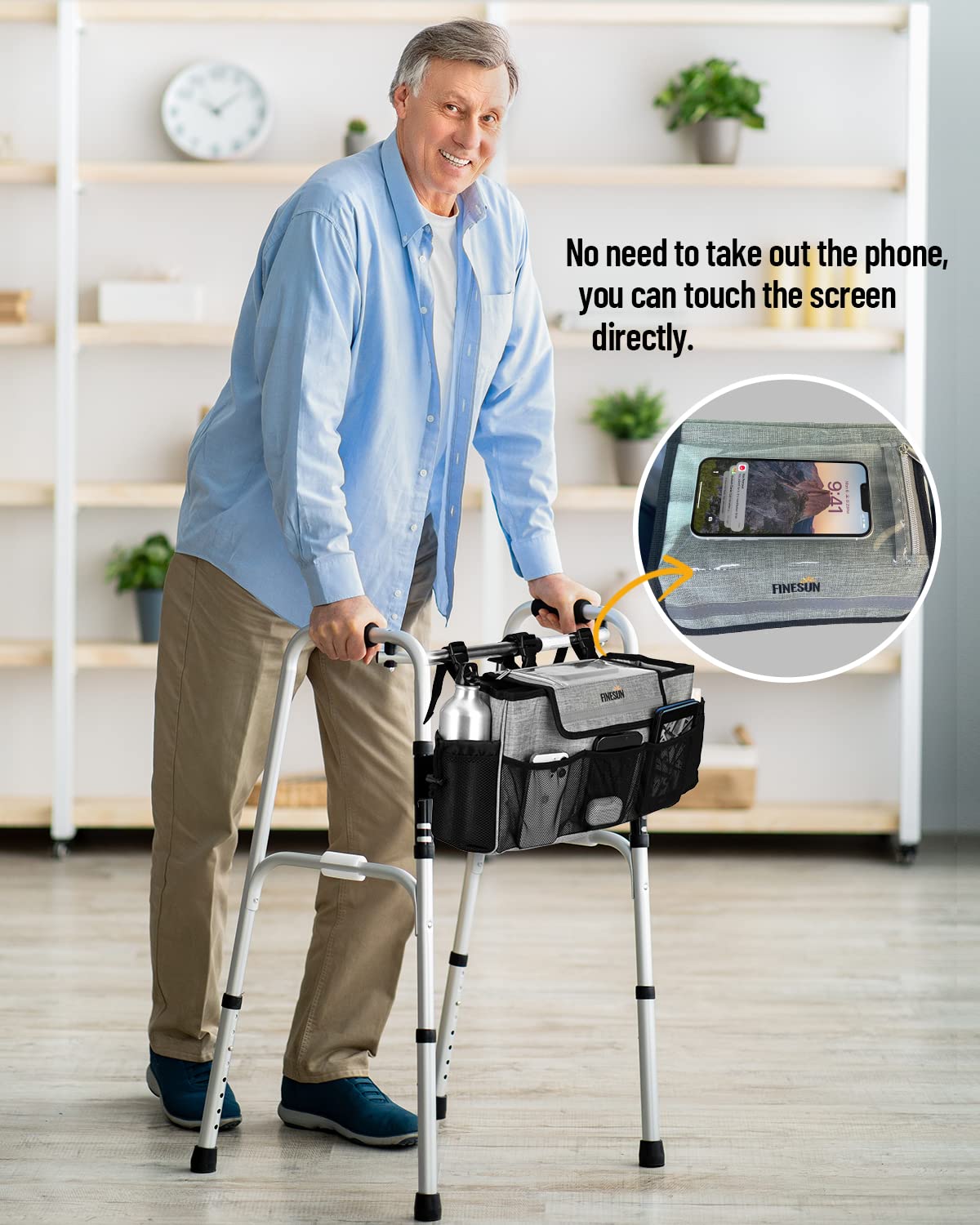 FINESUN Walker Bag with Visual Phone Pocket, Walker Storage with Cup Holder, Best Gift for Grandmas, Walker Accessories for Seniors, Grandparents, Mobility Aid Accessory Pouch for Elderly, Grey