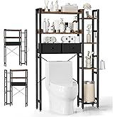 Housolution Over The Toilet Storage with 2 Drawers, 7 Tier Over Toilet Bathroom Organizer with Height Adjustable Shelves and Hooks, Space Saver Above Toilet, Black+Brown