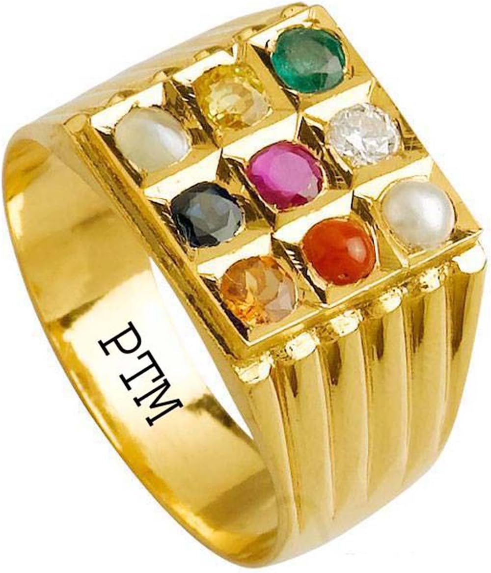 PTM Certified Natural Navaratna (9 stones) Astrological Gemstone Panchdhatu Gold Plated Ring for Men & Women with Certificate of Authenticity
