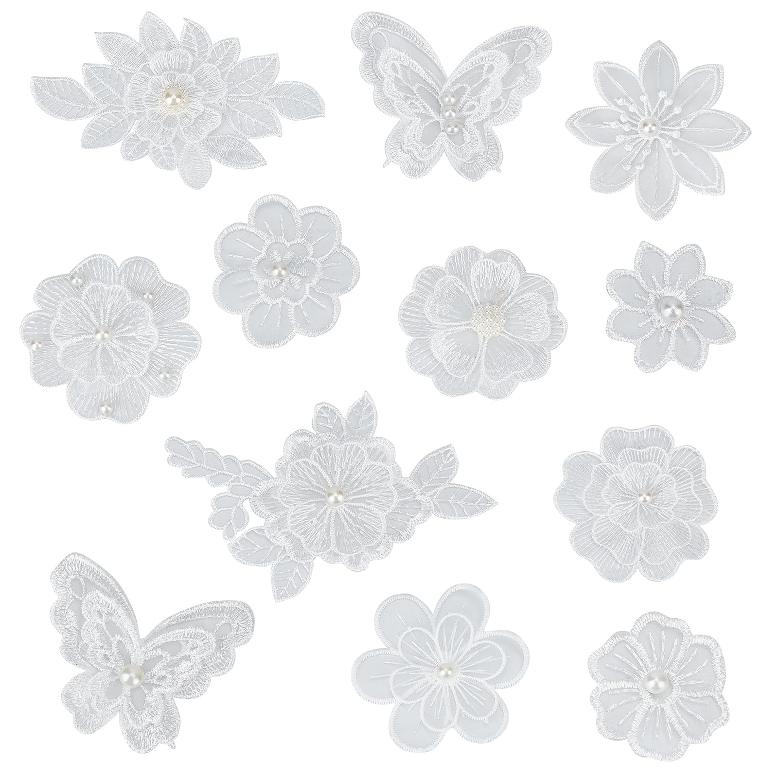 NICENEEDED 12Pcs White Lace Flower Applique, 3D Floral Sew On Patches Handmade Butterfly Patches, Appliques for Clothes Repairing Decorating Wedding Dress DIY Sewing Craft
