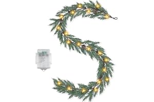 Artgar Christmas Cedar Garland, 6 Ft Realistic Pine Garland, Prelit Christmas Garland with 30 Warm Lights with 8 Light Modes for Mantels Stair Table Indoor Outdoor Winter Xmas Decor (White-Green)
