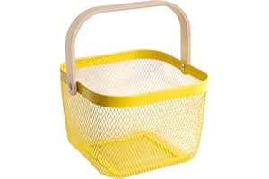 SANHSEHOME Metal Mesh Steel Basket Garden Harvest Basket for Gathering Vegetables Square Wire Basket with Handle Storage Organizer Multi-functional Fruit Basket for Kitchen Garden Picnic(Yellow)