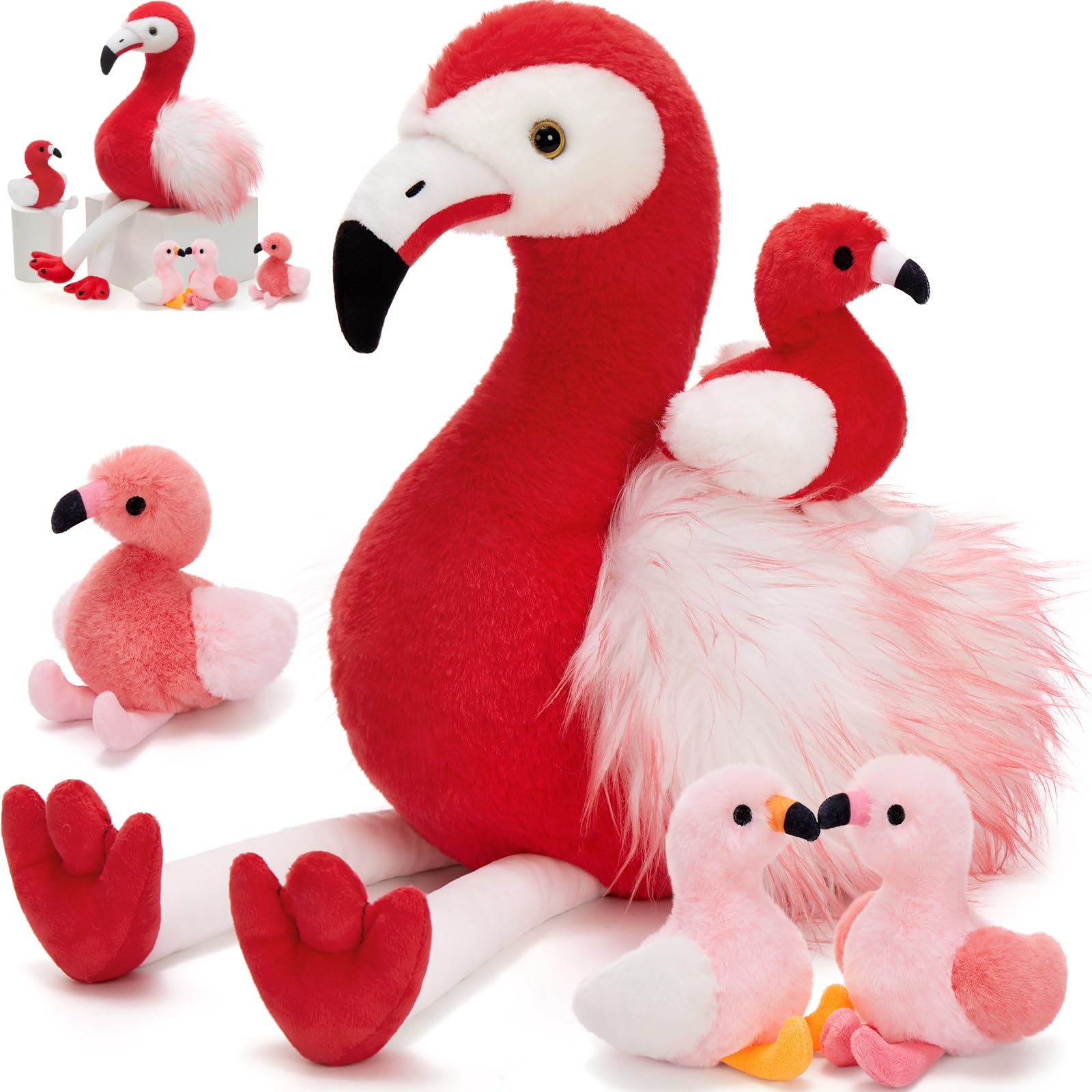 Photo 1 of MorisMos Plush Flamingo Stuffed Animal with Baby Bird Toys Inside Belly,20" Mommy Stuffed Flamingo Toy for Girl Boy Kid,Red Bird with Babies Gift for Birthday Party Decoration Baby Shower Christmas