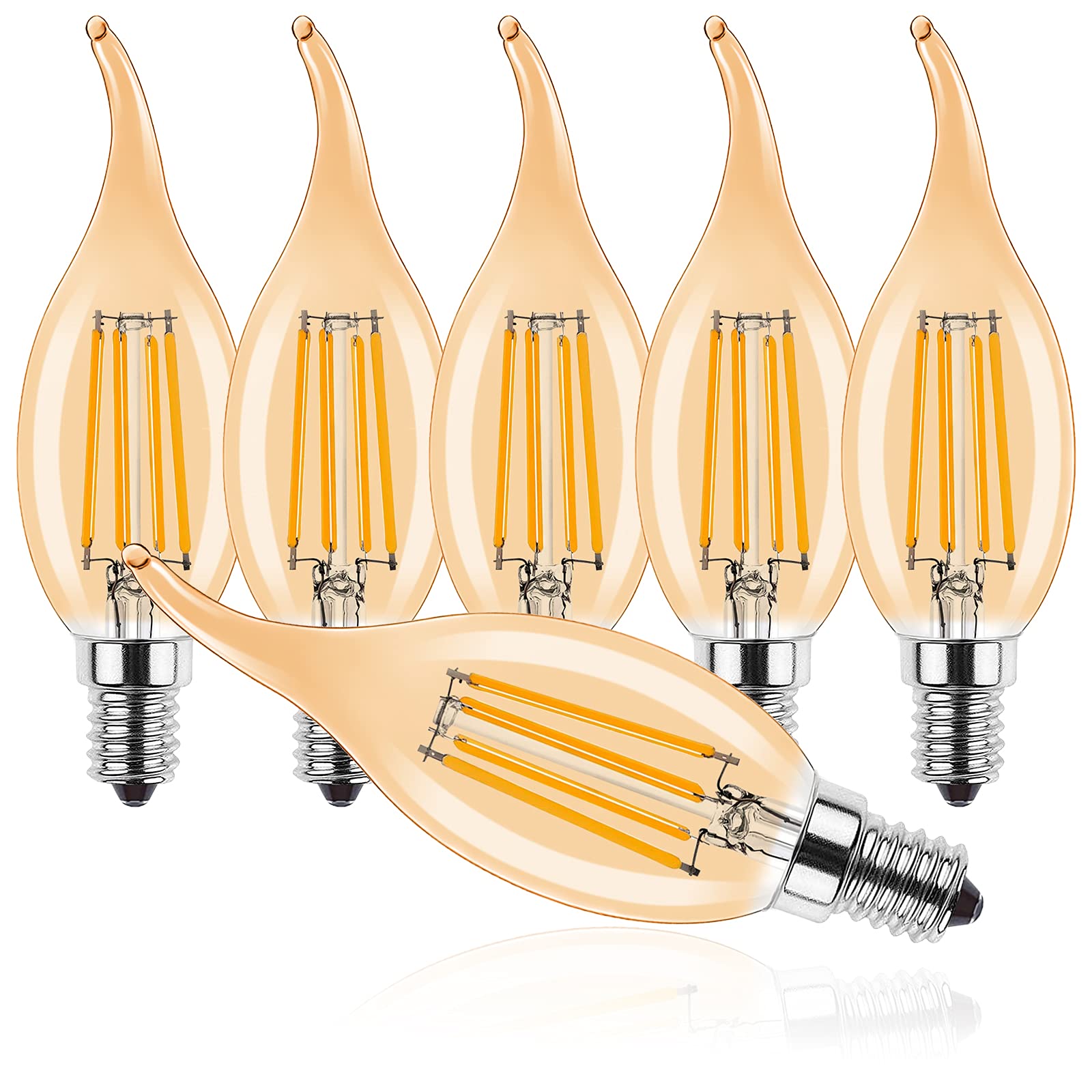ProCrus E14 4W LED Candle Vintage Light Bulb,Filament Flame Tip LED,C35 Small Edison Screw Candelabra SES LED Bulb,2700K Warm White,40W Bulb Equivalent,Non-Dimmable,Amber,6 Pack,Energy Class F — image 1