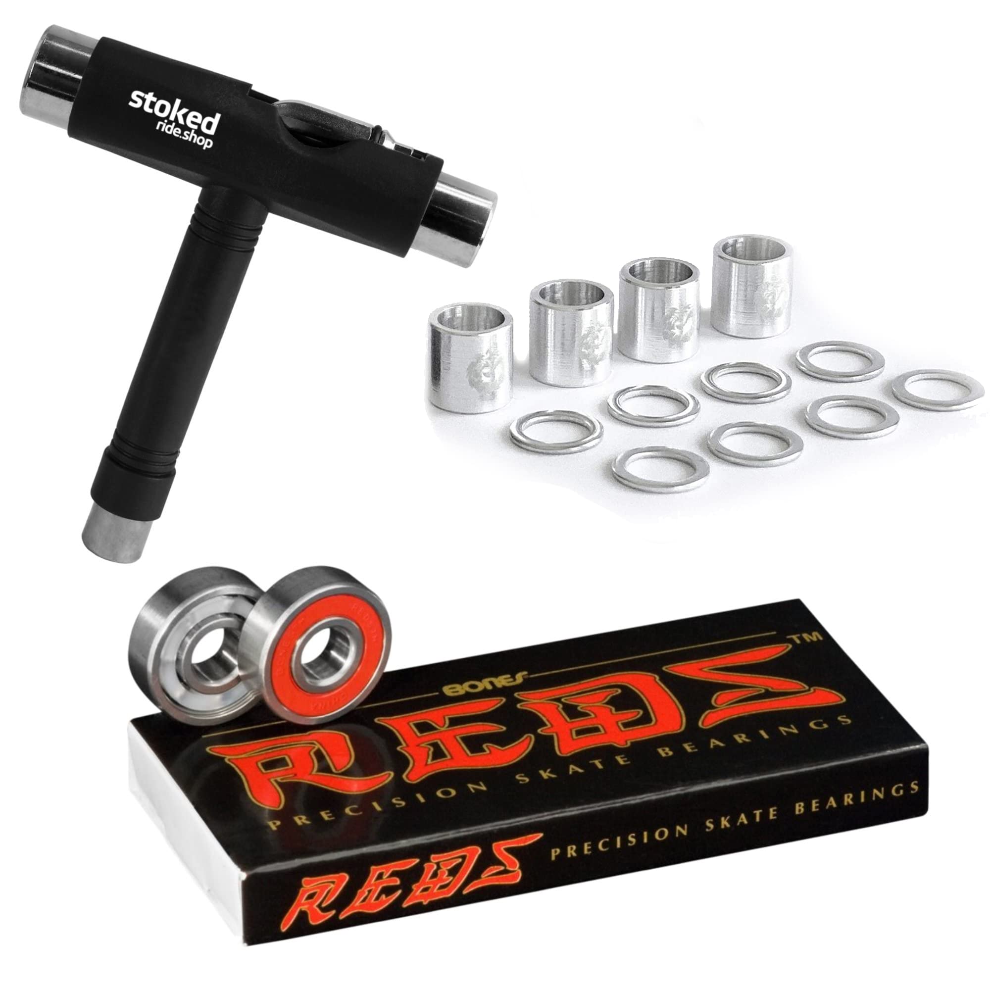 Photo 1 of Bones Reds Bearings for [Skateboards, Longboards, Scooters, Spinners] (8 Pack (w/Dragon Spacers, Washers & Stoked Tool))