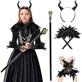 PUIWNON Evil Queen Costume with Staff Raven Feather Cape Shawl Horns Accessories Halloween