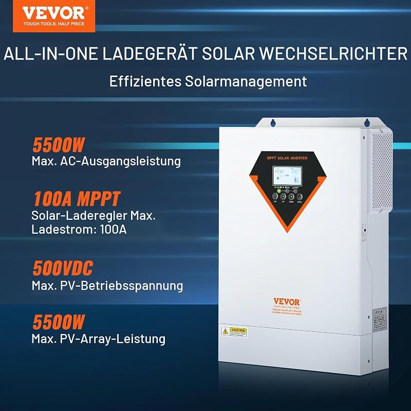 2-in-1-Hybrid-Solar-Wechselrichter 5500W Solar Inverter 11000VA Reiner Sinus MPPT LCD-Display 3 Lademodi (Solarladung, Netzladung, Hybridladung) & 4 Ausgangsmodi (UTL, SOL, SBU, SUB)