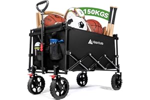 Hikenture Wagon Cart Foldable, 150kgs Large Capacity Folding Wagon, Heavy Duty Utility Grocery Cart with Wheels, 1-Second Set