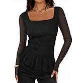 MEROKEETY Women's Long Sleeve Square Neck Tops Ruched Fall Trendy Tee Shirts Asymmetrical Going Out Top