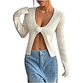 OYOANGLE Women's 3D Flower Split Front Ribbed Knit Button Down V Neck Lightweight Cropped Cardigan Sweater