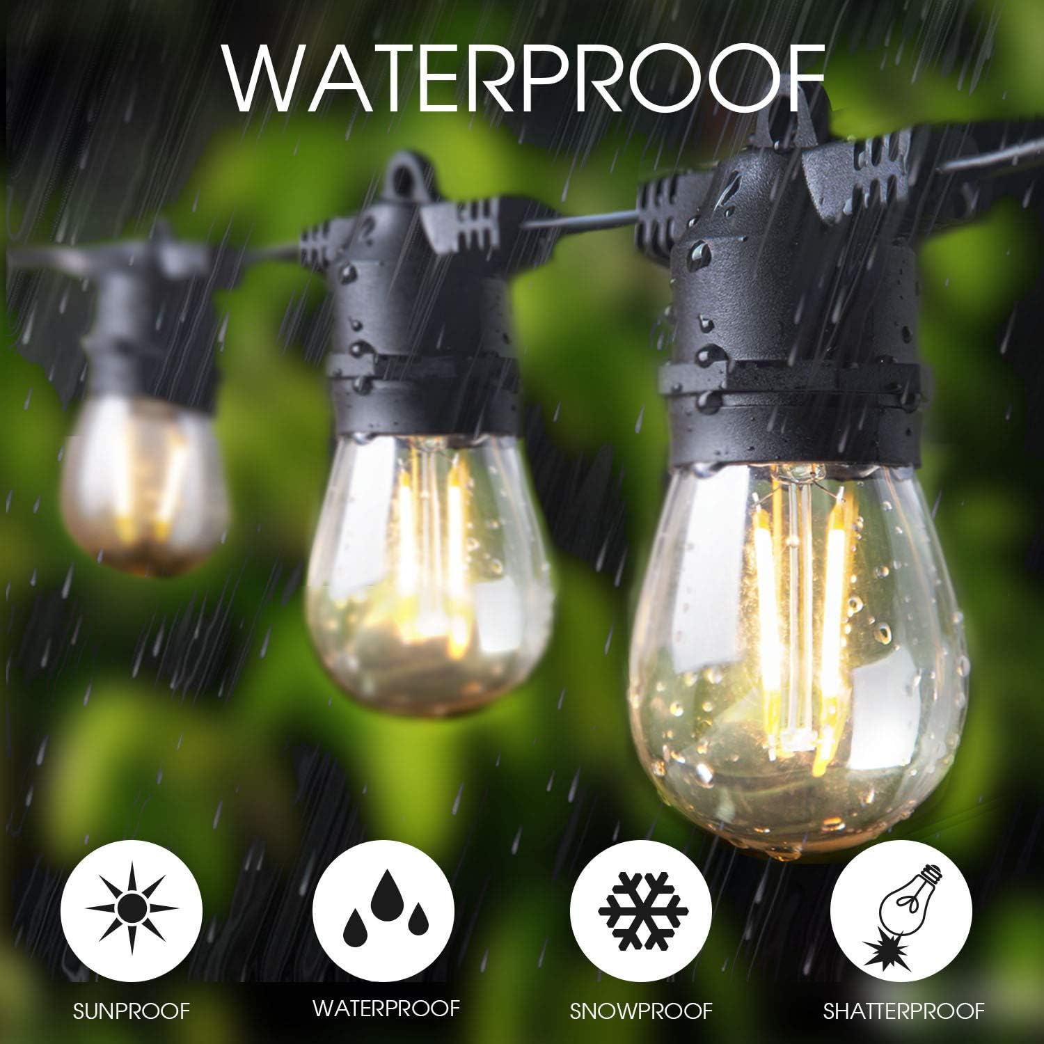 Amico 48FT LED Outdoor String Lights with LED Edison Vintage Plastic Bulbs and Weatherproof Strand - Decorative LED Cafe Patio Light, Bistro Lights - - 