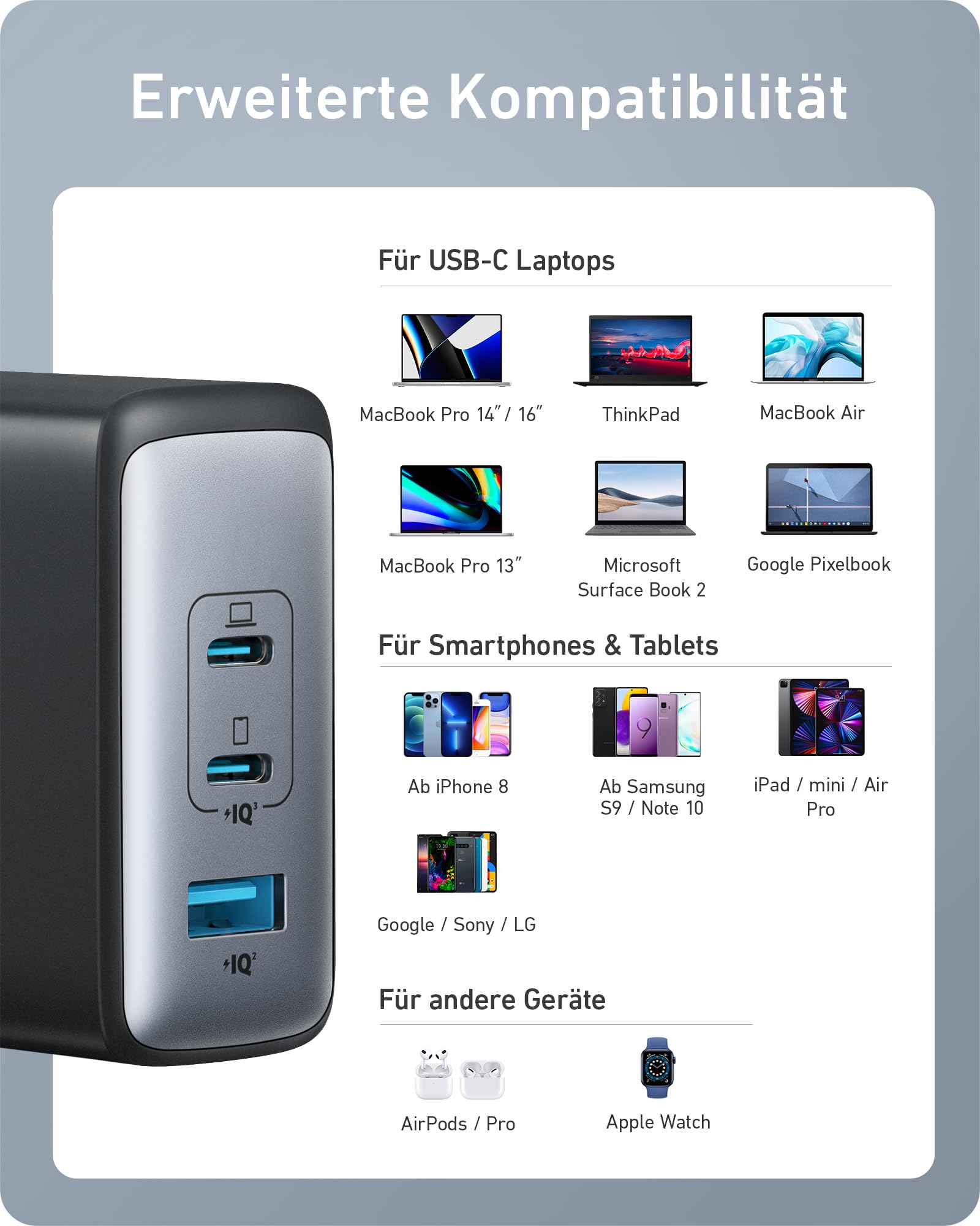 Anker 100W USB C Ladegerät, Anker 736 Charger (Nano II) Schnellladegerät, 3-Port USB C Netzteil für MacBook Pro/Air, Google Pixelbook, ThinkPad, Dell XPS, iPad Pro, Galaxy S26 Ultra, iPhone 17 Pro Max 7