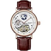 IK COLOURING Mens Luxury Skeleton Automatic Mechanical Wrist Watches Leather Moon Phrase Luminous Hands Self-Wind Watch,Tourbillon Automatic Waterproof Wrist Watch for Men Gift