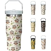 30oz Owl Tumbler with Handle and Flip Straw, Stainless Steel Insulated Cup, Travel Coffee Mug Water Bottle, Birthday Mothers Day Chritmas Gifts for Women Animal Lovers