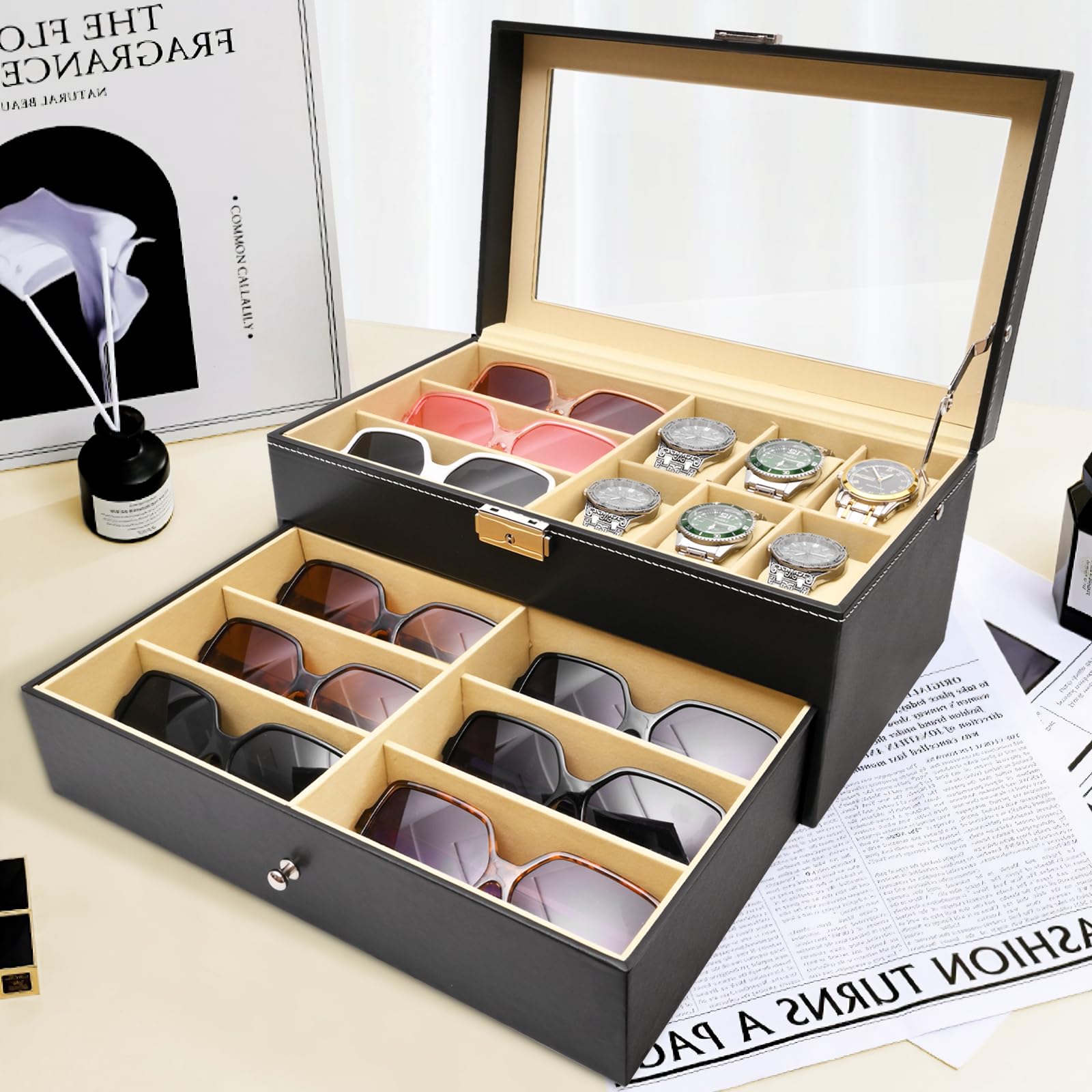 Vevitts 2 Layers 6 Slots Watch Boxes and 9 Pieces Eyeglasses Sunglasses Storage,Black Leather Watch Jewelry Eyeglasses Sunglasses Display Case Organizer for Women and Men