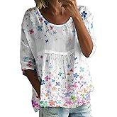 Boho Floral Tops Summer Peasant Blouses for Women Retro Casual 3/4 Sleeve Gauze Cotton Shirts Cute Loose Fit Tunics