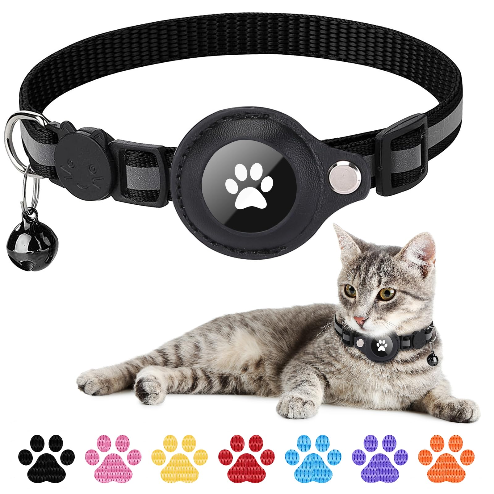 Boloshine Reflective Airtag Cat Collar, Anti-Lost Cat Tracker Collar with AirTag Adjustable Holder & Bell, Lightweight GPS Cat Collar Compatible with Apple Airtag for Small Cats Kitten Puppy (Black)