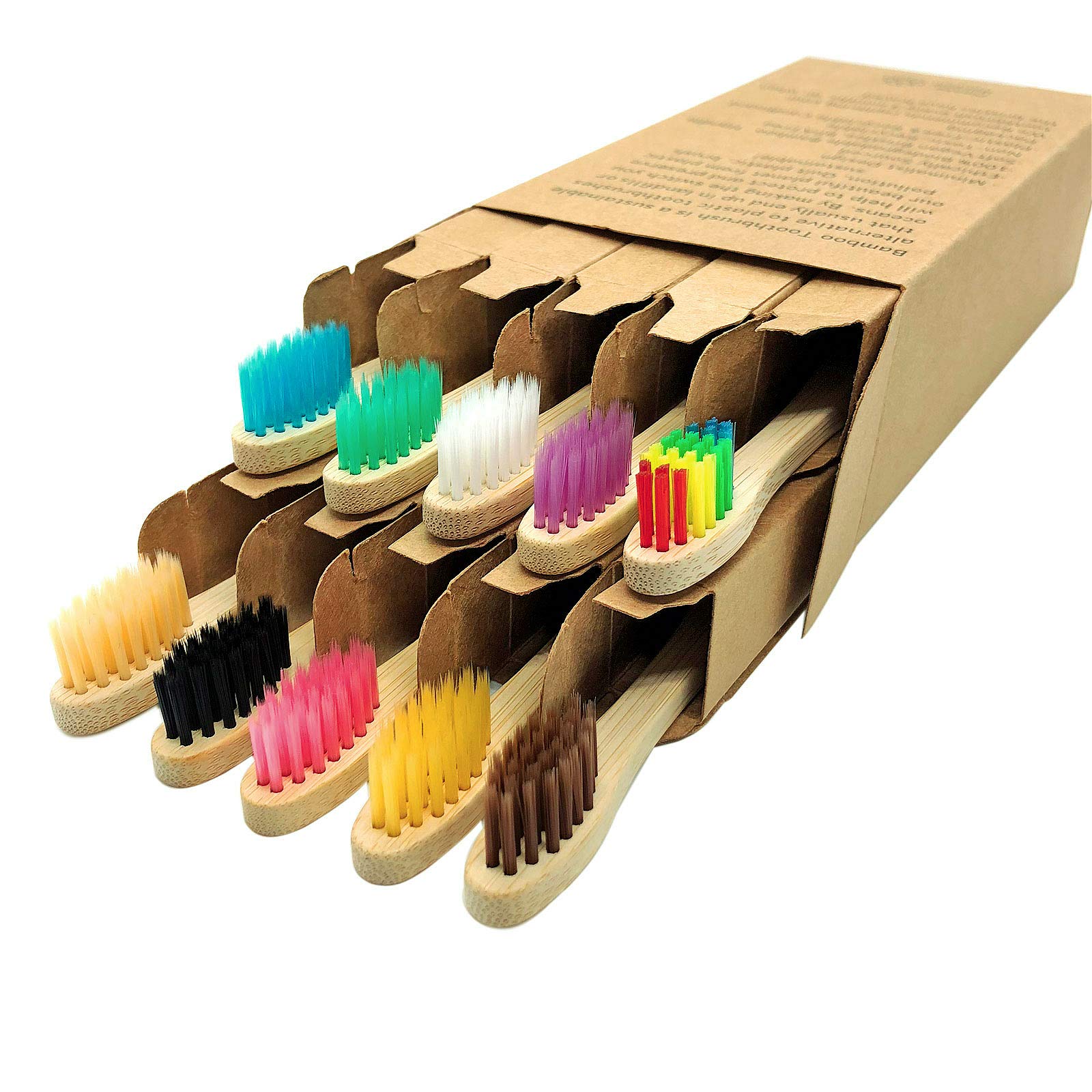 Kids Bamboo Toothbrushes 10 Pack, Children's Toothbrush Colorful Soft Bristles Eco Friendly Biodegradable Wooden Handle, Small Head Tooth Brush for Child