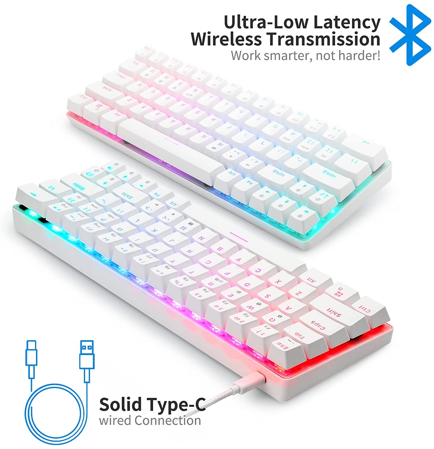 HUO JI CQ63 60% RGB Wireless Mechanical Gaming Keyboard, Authentic Cherry MX Brown Switches, Bluetooth 5.0, Wired Keyboard 63 Keys for PC Tablet Laptop Cell Phone, White
