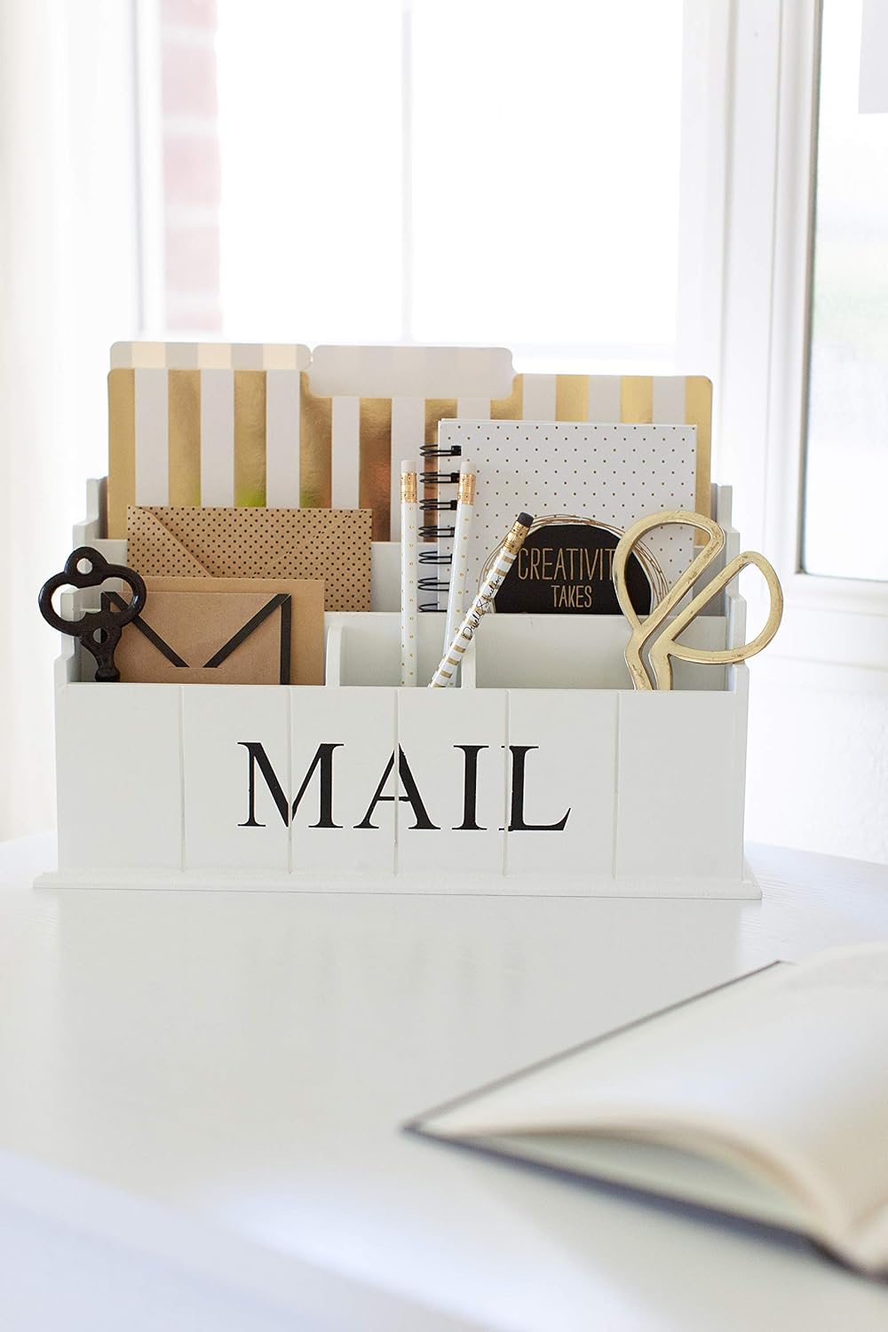 Blu Monaco White Wooden Mail Organizer - 3 Tier White Desk Organizer - Rustic Country Mail Sorter - Kitchen Counter Organizer Mail Holder: Home & Kitchen