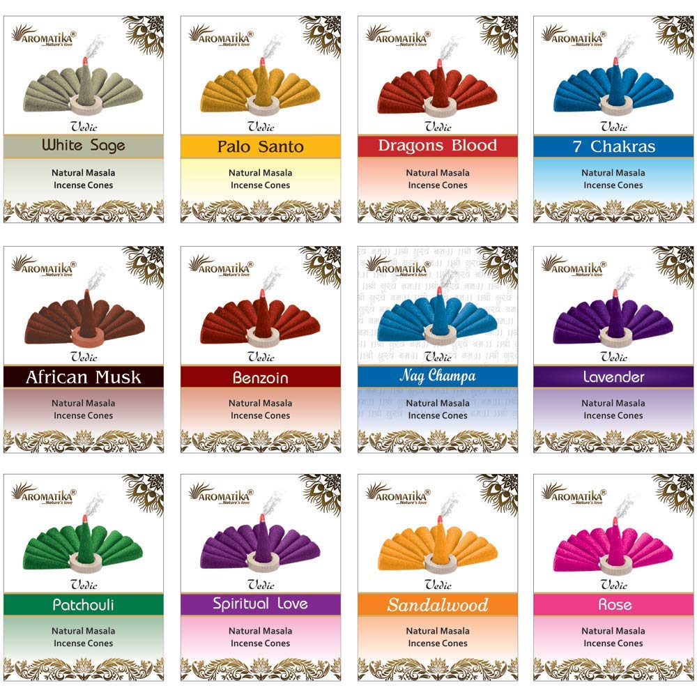 ARO VATIKA Vedic Assorted Natural Masala Incense Cones (Sandalwood, Rose, 7Chakra, White Sage, Palo Santo, Patchouli, African Musk, Dragons Blood, Lavender, Benzoin, Nag Champa, Spiritual Love)