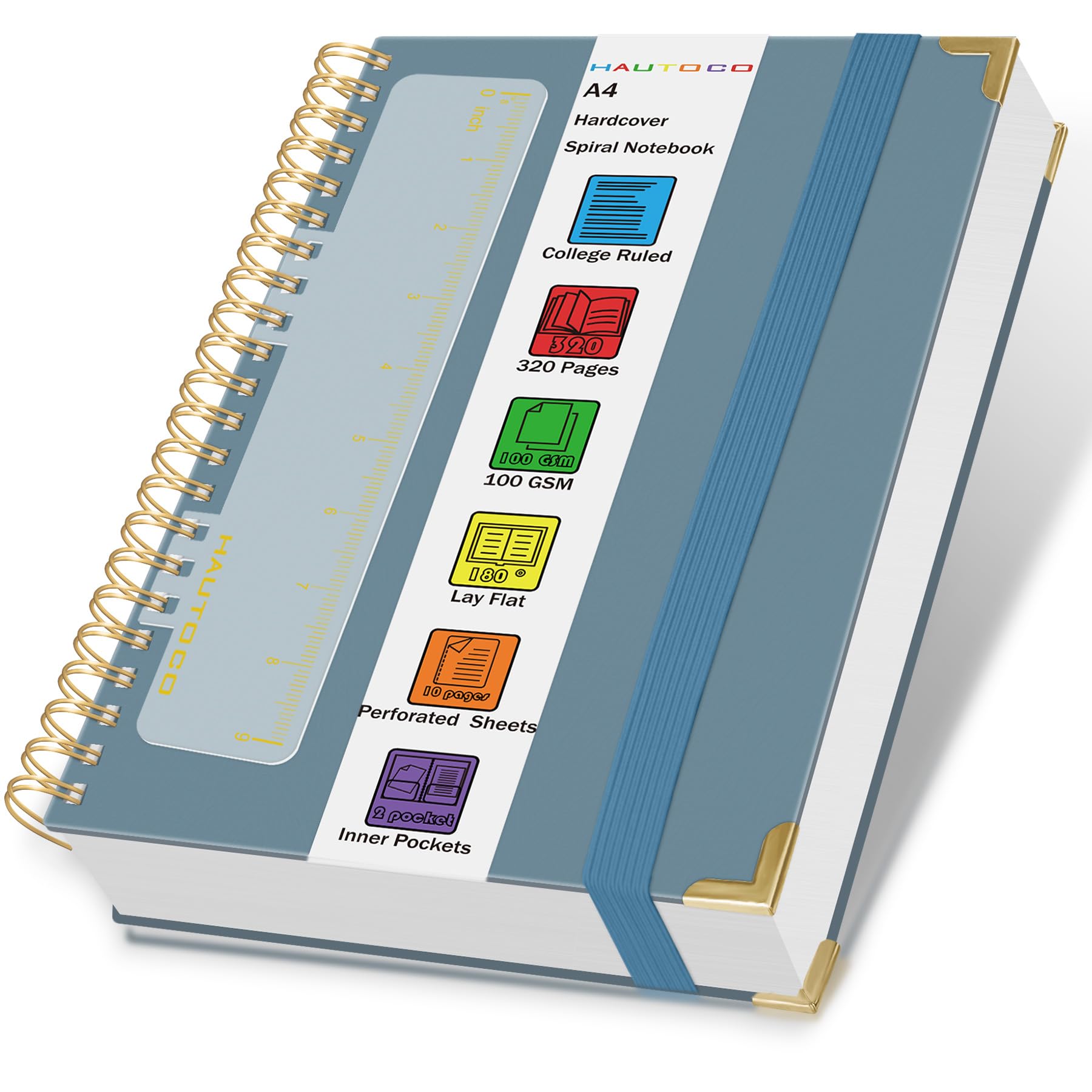 HAUTOCO A4 Notebook, Wirebound Spiral Notebooks with 320 Pages/160 Sheets for Writing, 100GSM Thick Paper, Hardcover Lined Notebook Journal Notepad for Work Office School, 29x21.5cm - Airy Blue