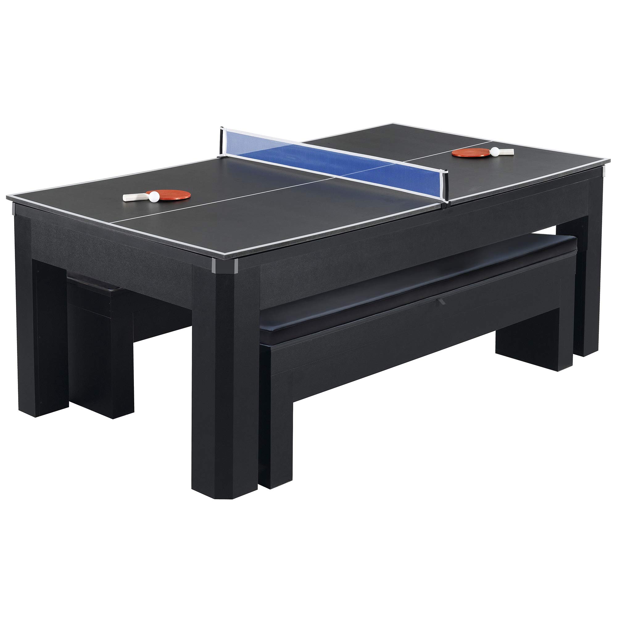 Hathaway Park Avenue 7’ Pool Table Tennis Combination with Dining Top, Two Storage Benches, Free