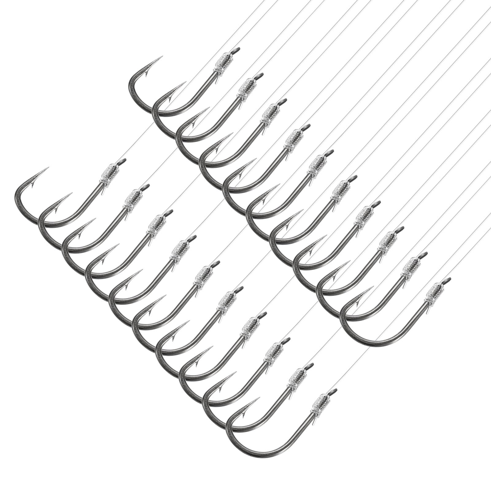 PATIKIL 10# Small Fishing Hooks with 36cm Line, 20Pcs 0.59x0.31 Inch Double Hook Rigs with Barbs Fishing Hook on Nylon Line for Freshwater, Silver Tone
