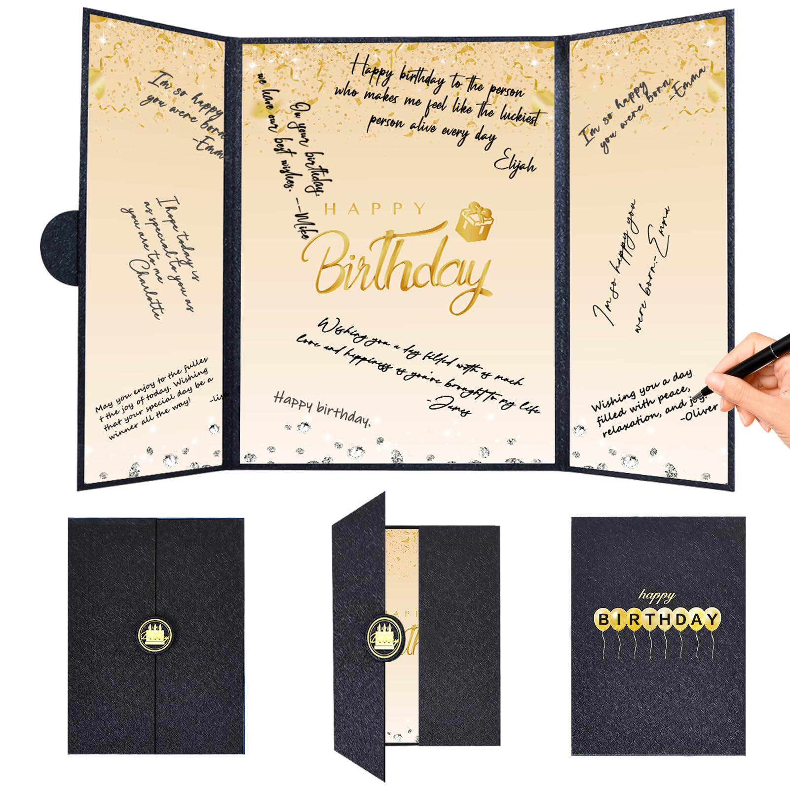 Photo 1 of Crenics Black and Gold Birthday Decorations for Women Men, Creative Birthday Guest Sign in Book Alternative, Happy Birthday Signature Book 18" x 12", Great Birthday Gifts for Girls or Boys